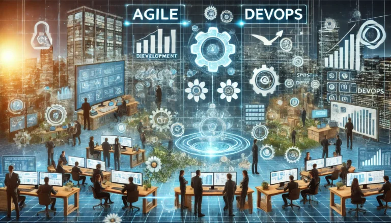 DALL·E 2024-11-27 18.26.40 - An illustrative digital scene representing the combination of Agile and DevOps methodologies in a corporate environment, without any text